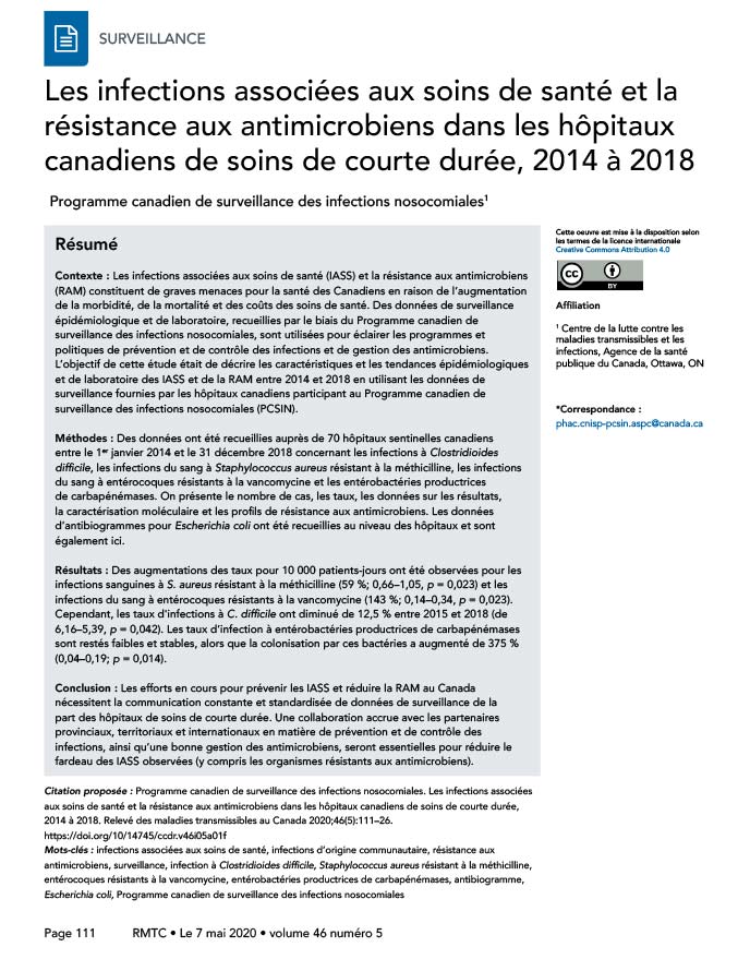 Les infections associées aux soins de santé et la résistance aux antimicrobiens dans les hôpitaux canadiens de soins de courte durée, 2014 à 2018