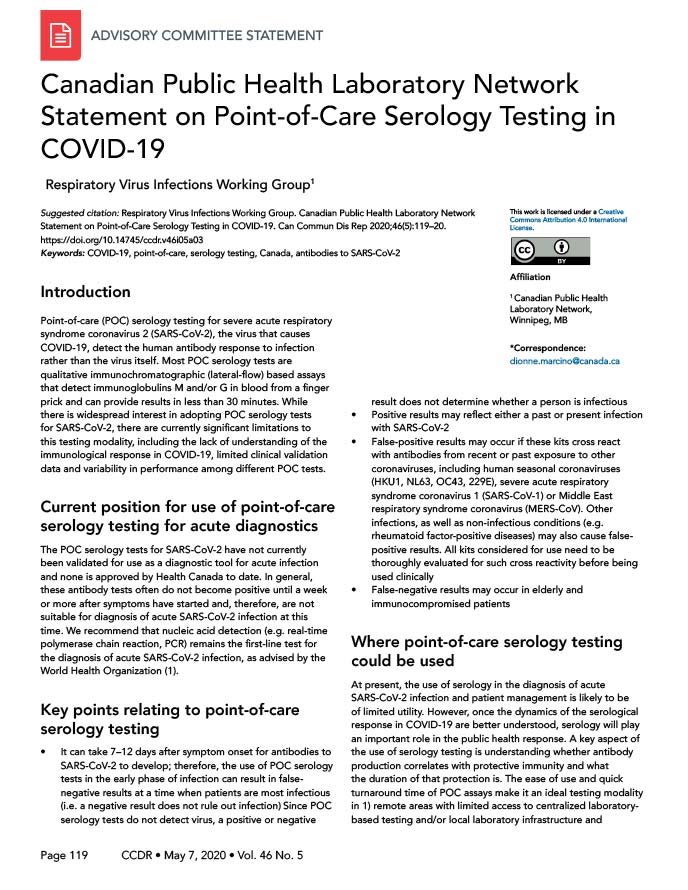Canadian Public Health Laboratory Network Statement on Point-of-Care Serology Testing in COVID-19