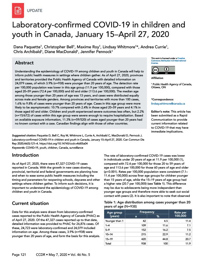 Laboratory-confirmed COVID-19 in children and youth in Canada, January 15—April 27, 2020