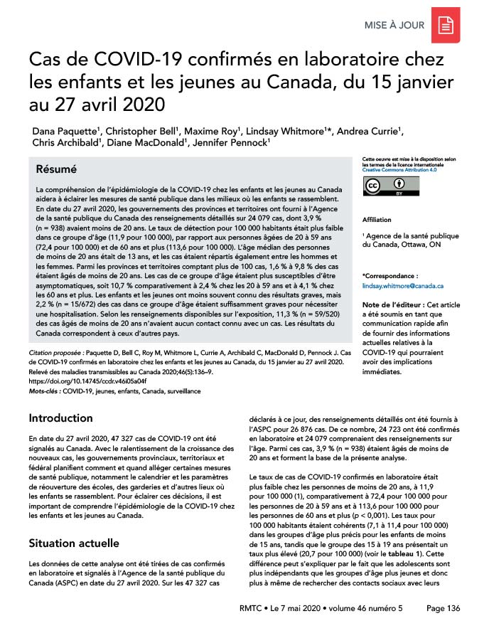 Cas de COVID-19 confirmés en laboratoire chez les enfants et les jeunes au Canada, du 15 janvier au 27 avril 2020