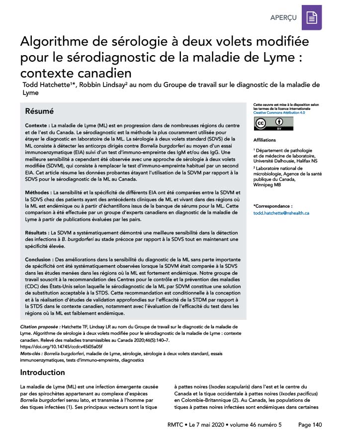 Algorithme de sérologie à deux volets modifiée pour le sérodiagnostic de la maladie de Lyme : contexte canadien