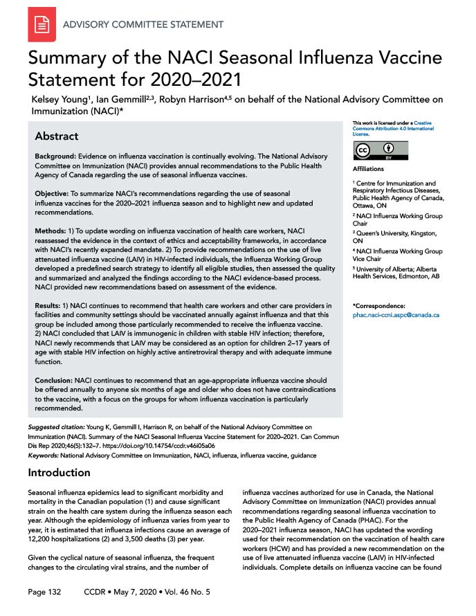 Summary of the NACI Seasonal Influenza Vaccine Statement for 2020–2021