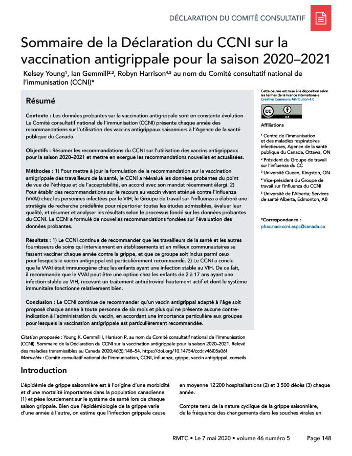 Sommaire de la Déclaration du CCNI sur la vaccination antigrippale pour la saison 2020–2021
