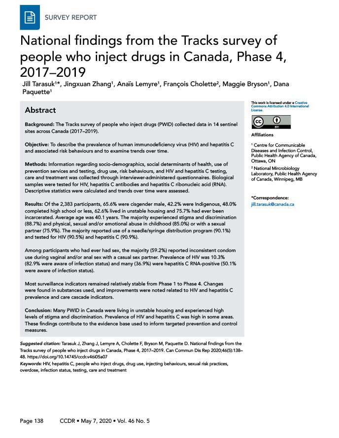 National findings from the Tracks survey of people who inject drugs in Canada, Phase 4, 2017–2019