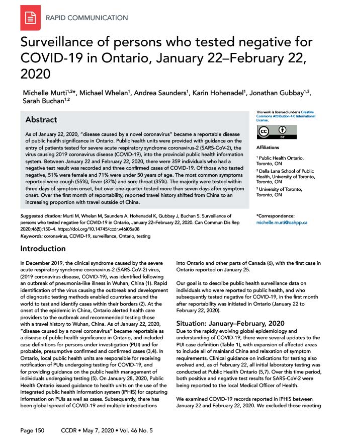Surveillance of persons who tested negative for COVID-19 in Ontario, January 22–February 22, 2020