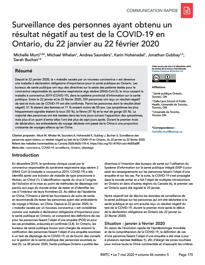 Surveillance des personnes ayant obtenu un résultat négatif au test de la COVID-19 en Ontario, du 22 janvier au 22 février 2020