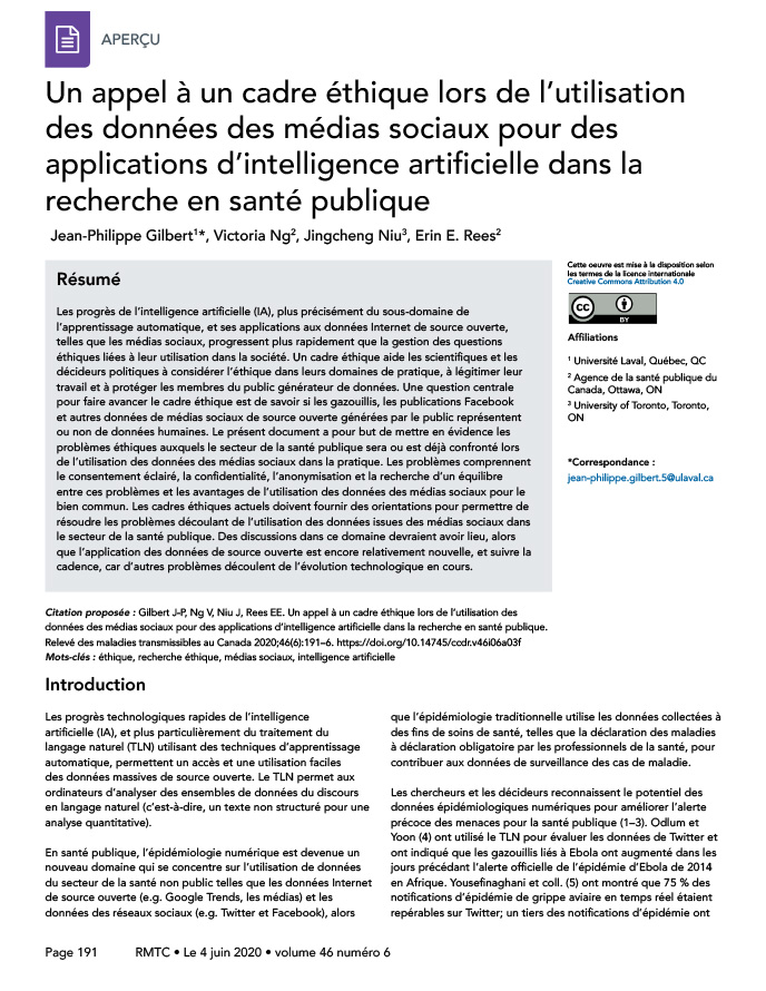 Un appel à un cadre éthique lors de l’utilisation des données des médias sociaux pour des applications d’intelligence artificielle dans la recherche en santé publique