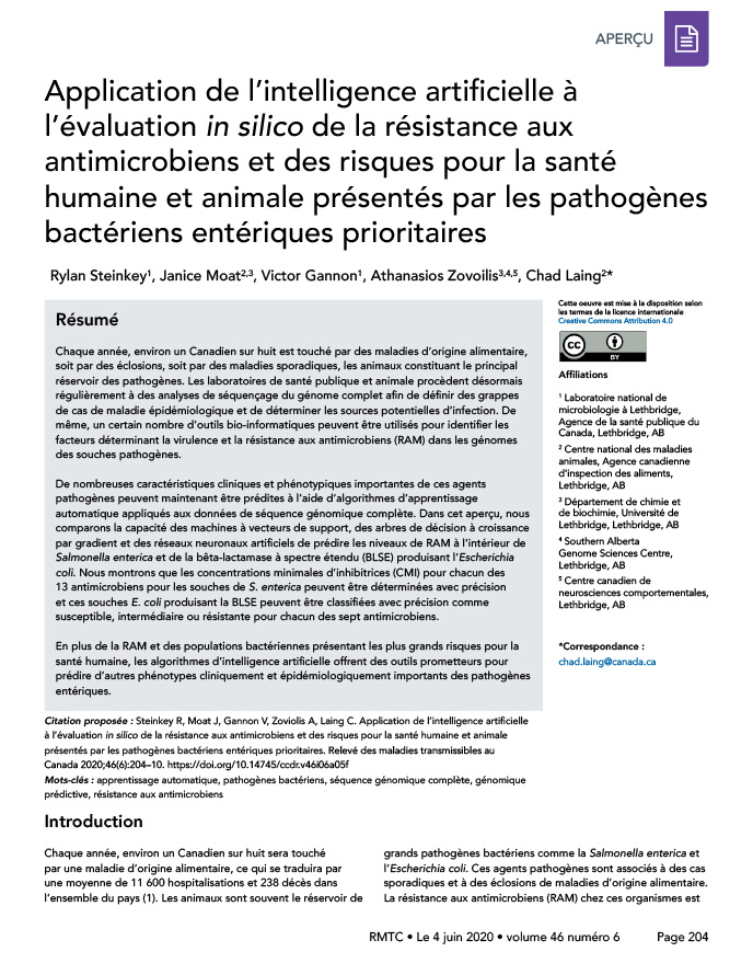 Application de l’intelligence artificielle à l’évaluation <em>in silico</em> de la résistance aux antimicrobiens et des risques pour la santé humaine et animale présentés par les pathogènes bactériens entériques prioritaires