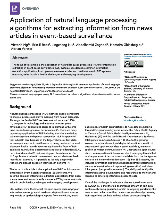 Application of natural language processing algorithms for extracting information from news articles in event-based surveillance