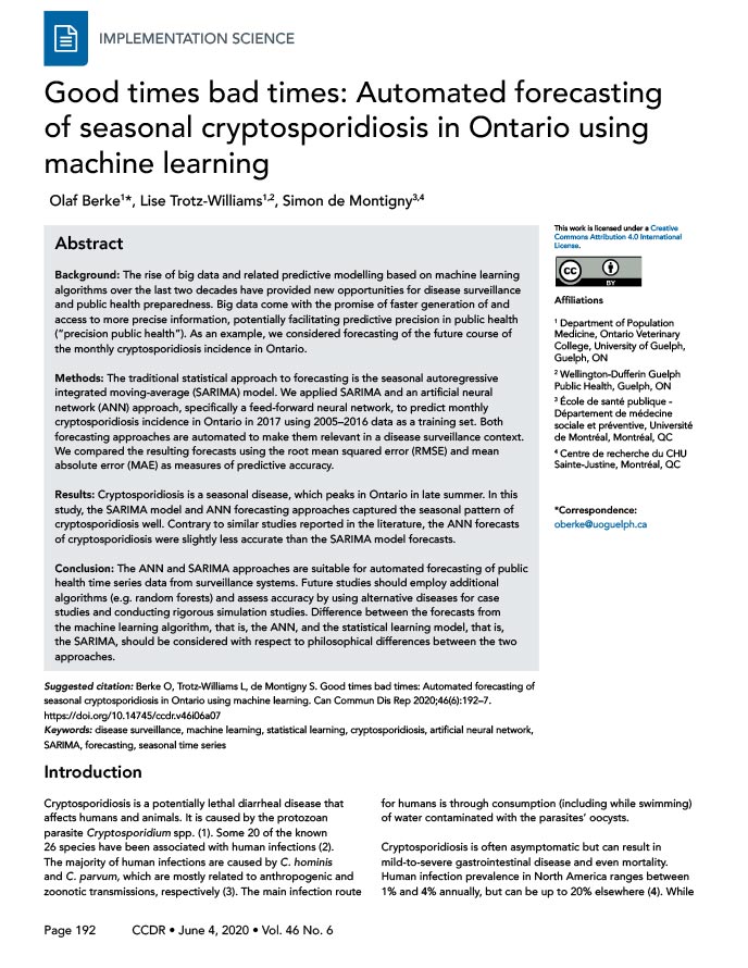 Good times bad times: Automated forecasting of seasonal cryptosporidiosis in Ontario using machine learning