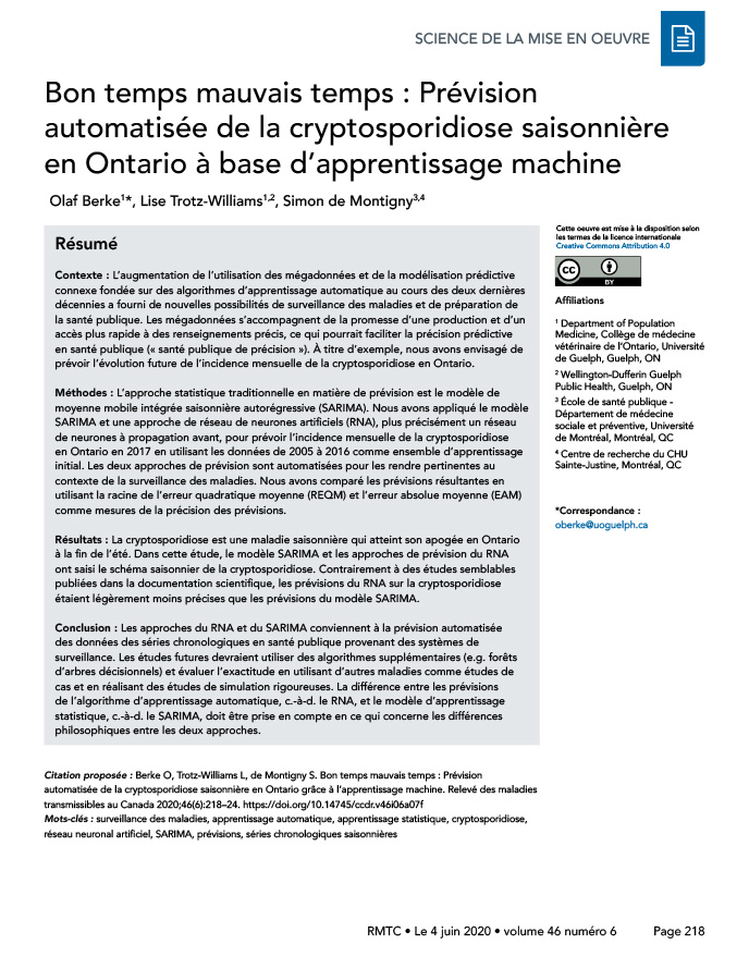 Bon temps mauvais temps : Prévision automatisée de la cryptosporidiose saisonnière en Ontario à base d’apprentissage machine