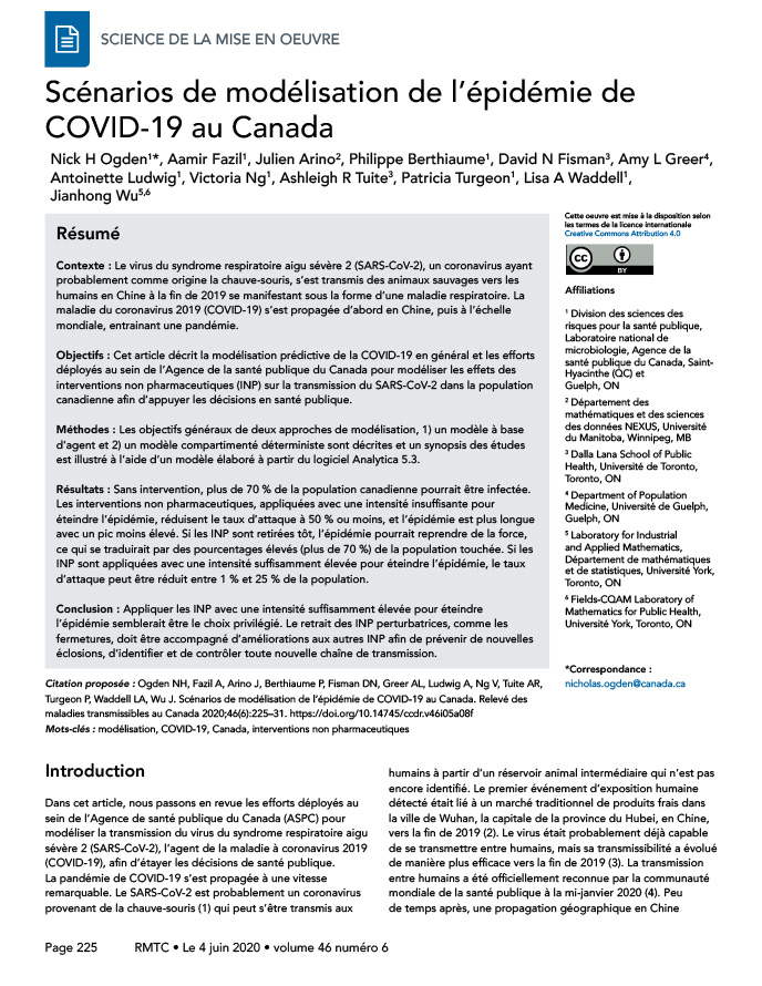 Scénarios de modélisation de l’épidémie de COVID-19 au Canada