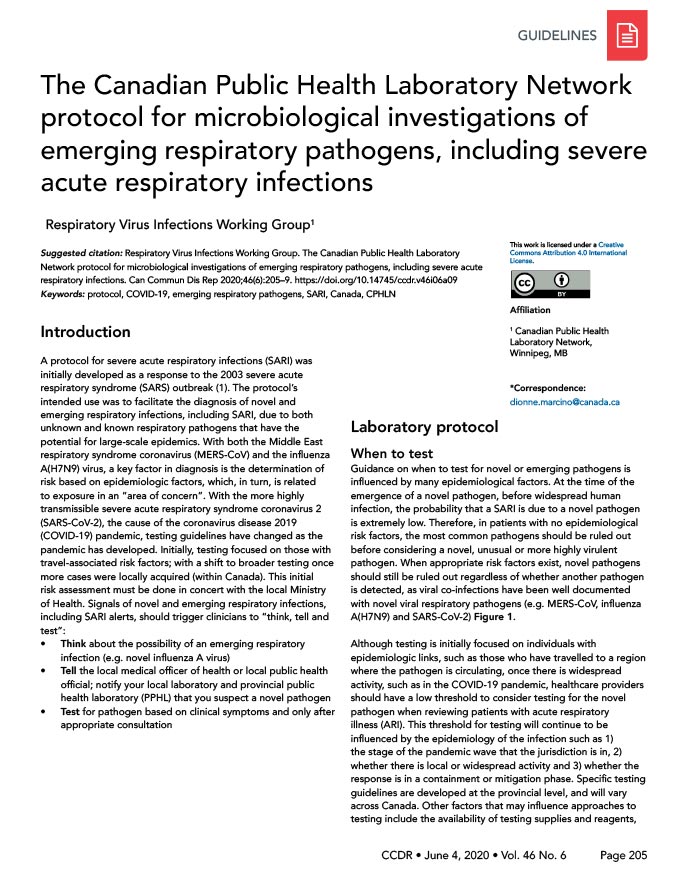The Canadian Public Health Laboratory Network protocol for microbiological investigations of emerging respiratory pathogens, including severe acute respiratory infections