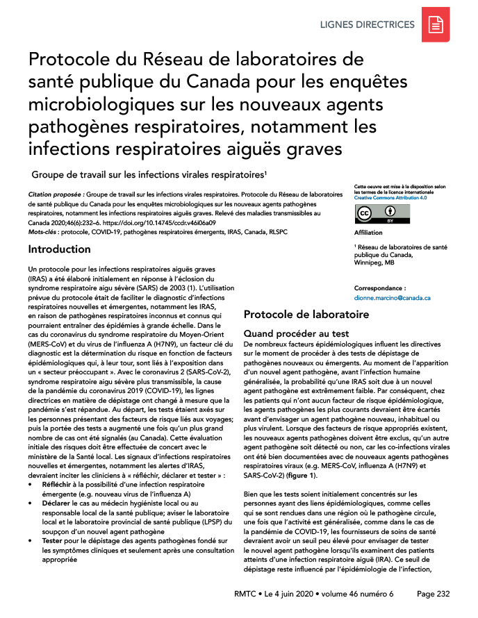 Protocole du Réseau de laboratoires de santé publique du Canada pour les enquêtes microbiologiques sur les nouveaux agents pathogènes respiratoires, notamment les infections respiratoires aiguës graves