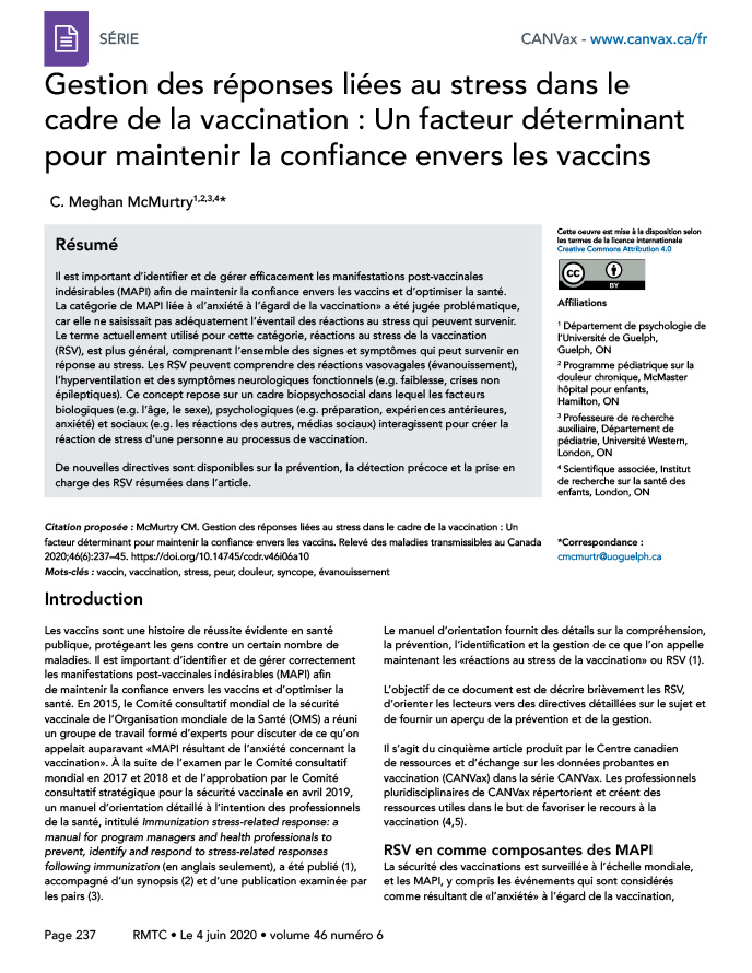 Gestion De La Reponse Liee Au Stress Dans Le Cadre De La Vaccination Element Qui Contribue A Soutenir La Confiance Dans Les Vaccins Rmtc 46 6 Canada Ca