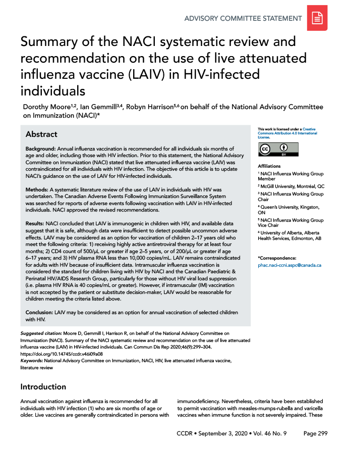 Summary of the NACI systematic review and recommendation on the use of live attenuated influenza vaccine (LAIV) in HIV-infected individuals