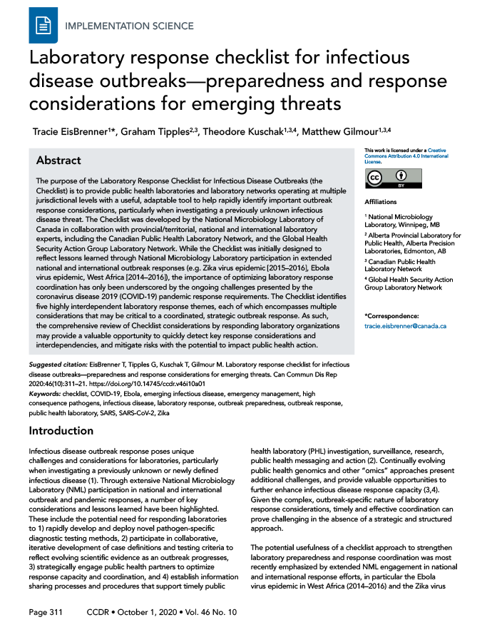 Laboratory response checklist for infectious disease outbreaks—preparedness and response considerations for emerging threats