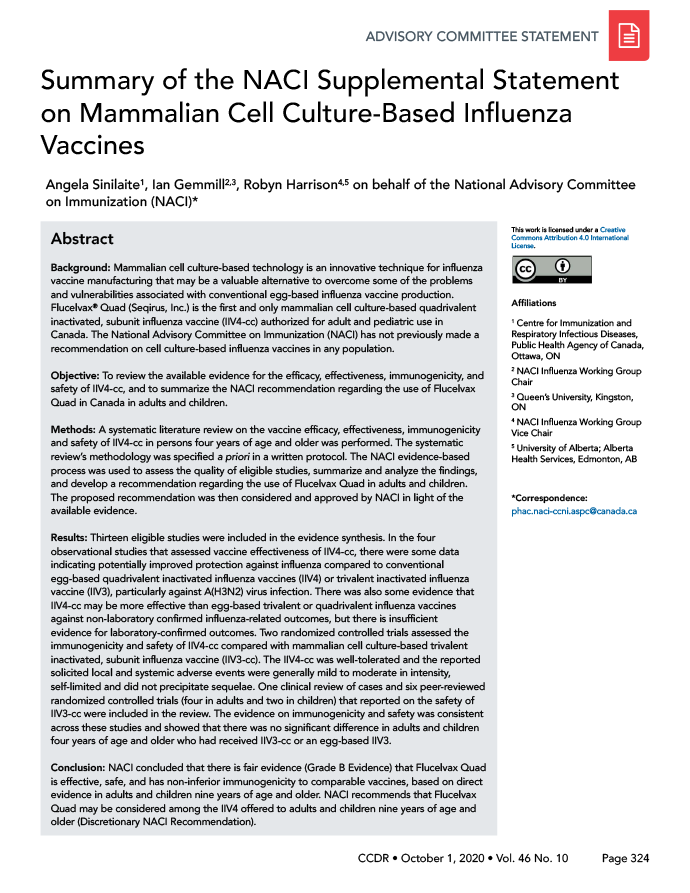Summary of the NACI Supplemental Statement on Mammalian Cell Culture-Based Influenza Vaccines