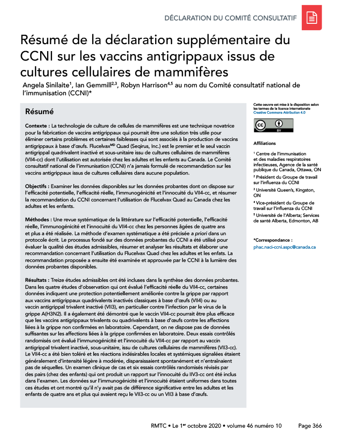 Résumé de la déclaration supplémentaire du CCNI sur les vaccins antigrippaux issus de cultures cellulaires de mammifères