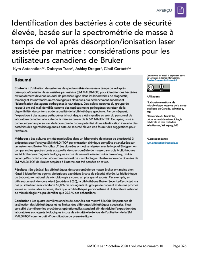 Identification des bactéries à cote de sécurité élevée, basée sur la spectrométrie de masse à temps de vol après désorption/ionisation laser assistée par matrice : considérations pour les utilisateurs canadiens de Bruker