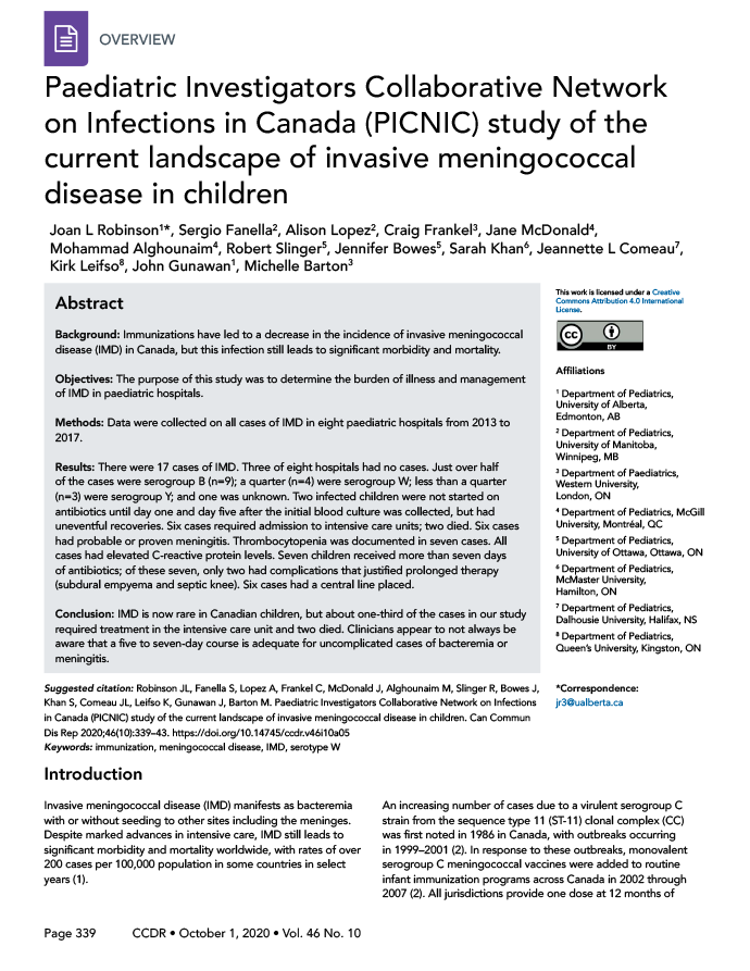 Paediatric Investigators Collaborative Network on Infections in Canada (PICNIC) study of the current landscape of invasive meningococcal disease in children