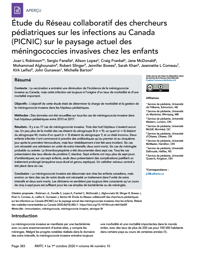 Étude du Réseau collaboratif des chercheurs pédiatriques sur les infections au Canada (PICNIC) sur le paysage actuel des méningococcies invasives chez les enfants