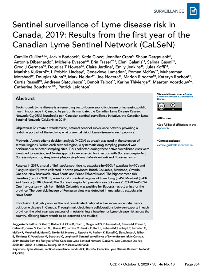 Sentinel surveillance of Lyme disease risk in Canada, 2019: Results from the first year of the Canadian Lyme Sentinel Network (CaLSeN)