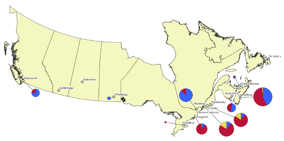 Figure 1 : Localisation des régions sentinelles dans le Réseau sentinelle canadien pour la surveillance de la maladie de Lyme en 2019