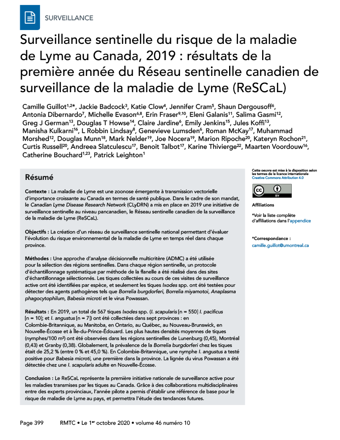 Surveillance sentinelle du risque de la maladie de Lyme au Canada, 2019 : résultats de la première année du Réseau sentinelle canadien de surveillance de la maladie de Lyme (ReSCaL)