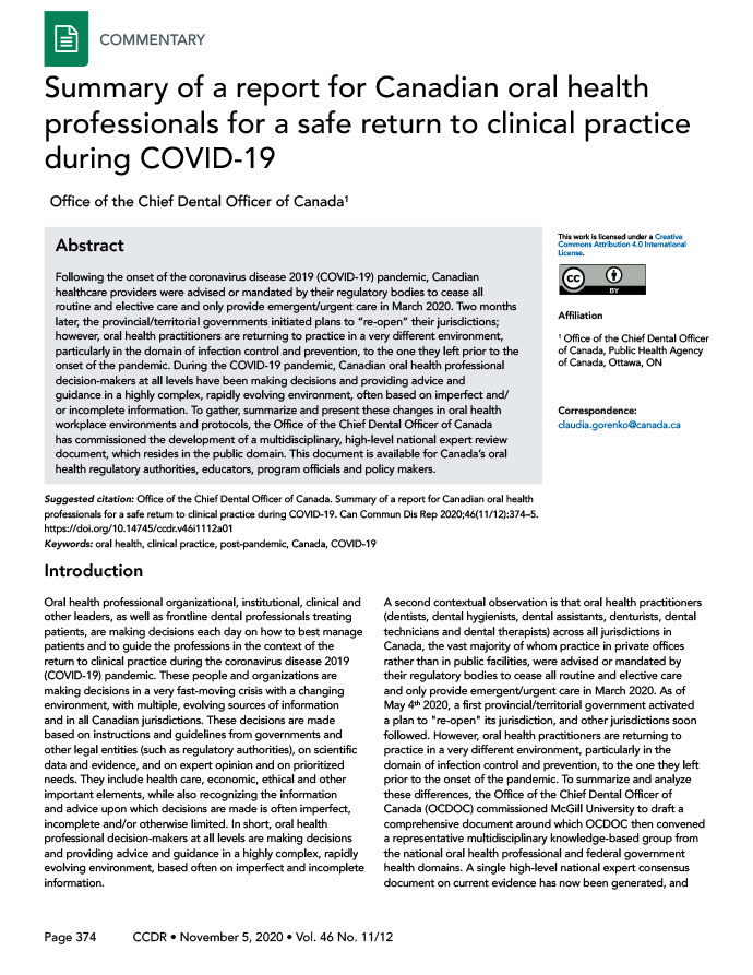 Summary of a report for Canadian oral health professionals for a safe return to clinical practice during COVID-19
