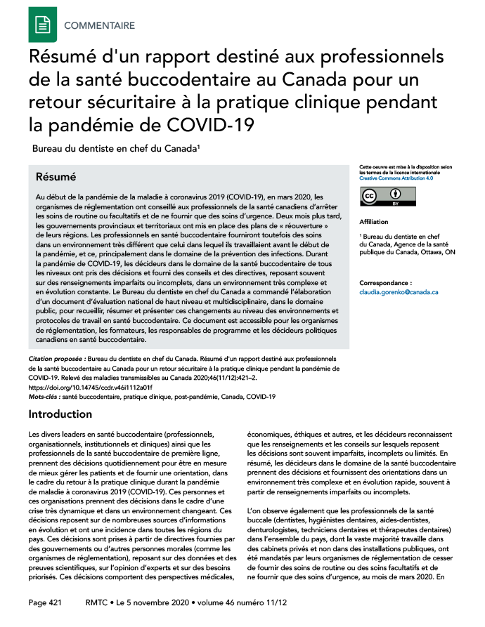 Résumé d’un rapport destiné aux professionnels de la santé buccodentaire au Canada pour un retour sécuritaire à la pratique clinique pendant la pandémie de COVID-19
