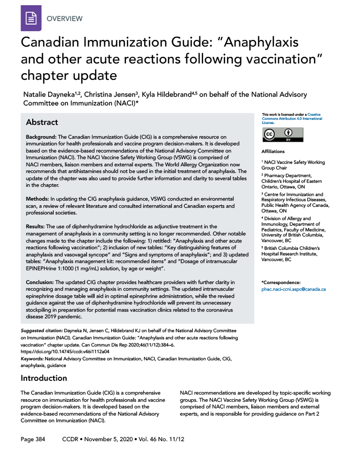 Canadian Immunization Guide: “Anaphylaxis and other acute reactions following vaccination” chapter update