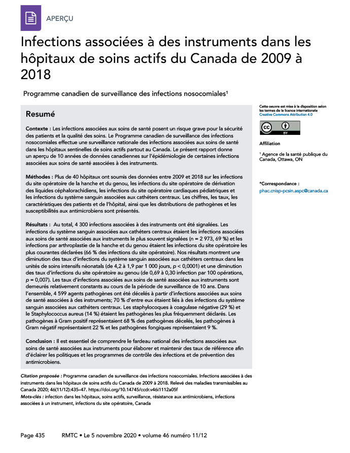 Infections associées à des instruments dans les hôpitaux de soins actifs du Canada de 2009 à 2018