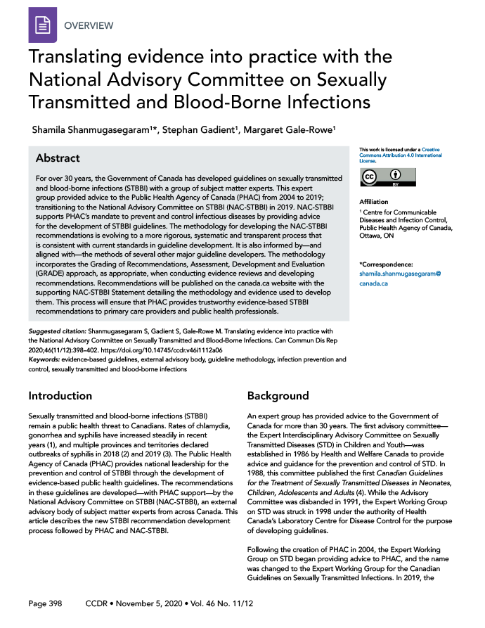 Translating evidence into practice with the National Advisory Committee on Sexually Transmitted and Blood-Borne Infections