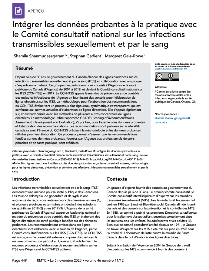 Intégrer les données probantes à la pratique avec le Comité consultatif national sur les infections transmissibles sexuellement et par le sang