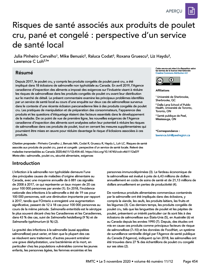 Risques de santé associés aux produits de poulet cru, pané et congelé : perspective d'un service de santé local