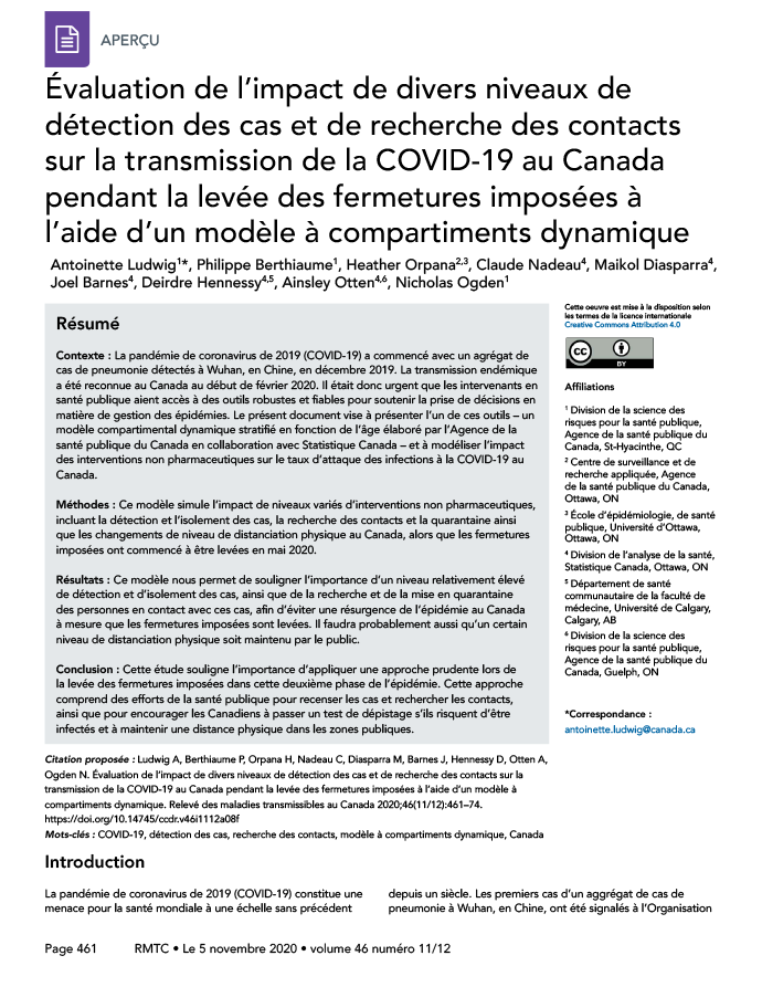 Évaluation de l'impact de divers niveaux de détection des cas et de recherche des contacts sur la transmission de la COVID-19 au Canada pendant la levée des fermetures imposées à l'aide d'un modèle à compartiments dynamique