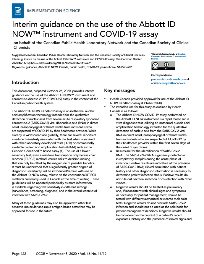 Interim guidance on the use of the Abbott ID NOW™ instrument and COVID-19 assay