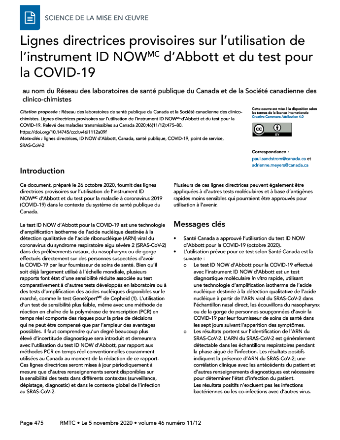 Lignes directrices provisoires sur l’utilisation de l’instrument ID NOWMC d’Abbott et du test pour la COVID-19