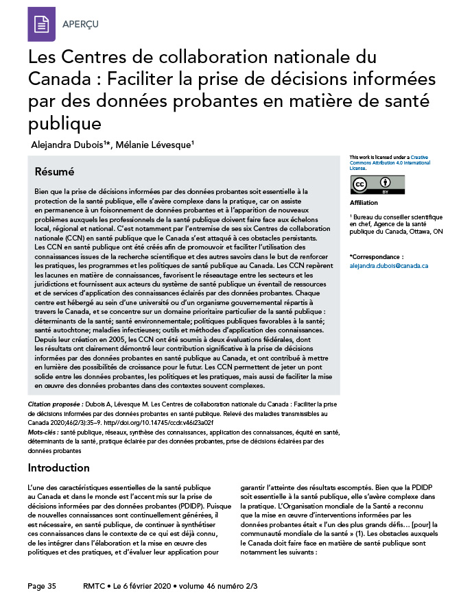 Les Centres de collaboration nationale du Canada : Faciliter la prise de décisions informées par des données probantes en santé publique