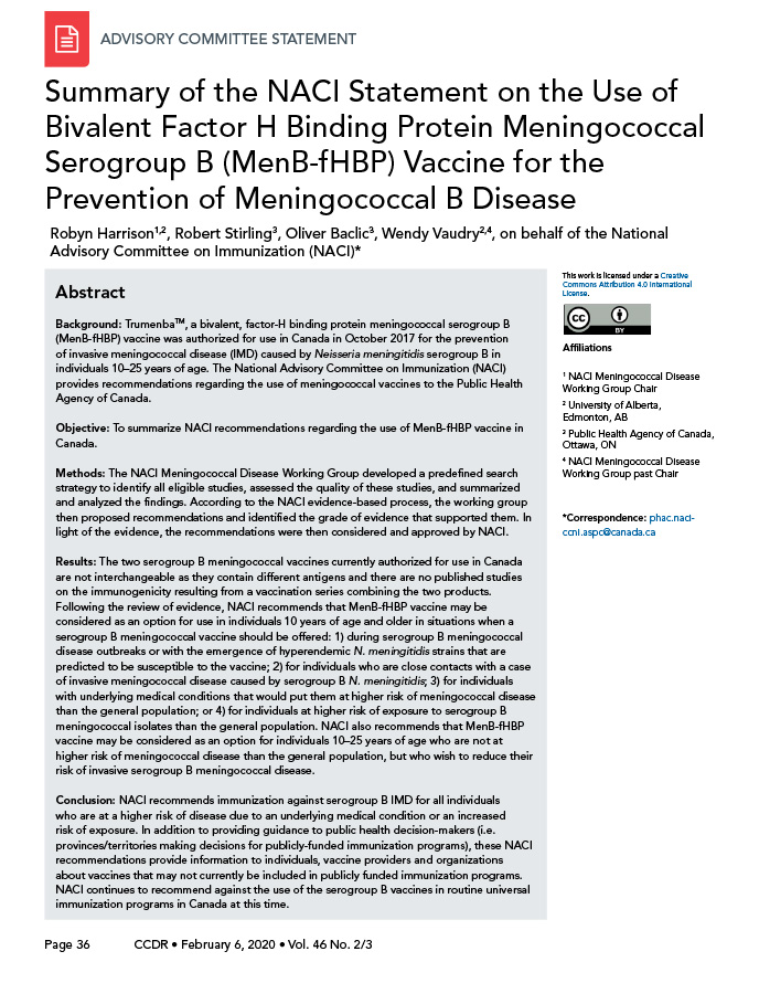 Summary of the NACI Statement on the Use of Bivalent Factor H Binding Protein Meningococcal Serogroup B (MenB-fHBP) Vaccine for the Prevention of Meningococcal B Disease