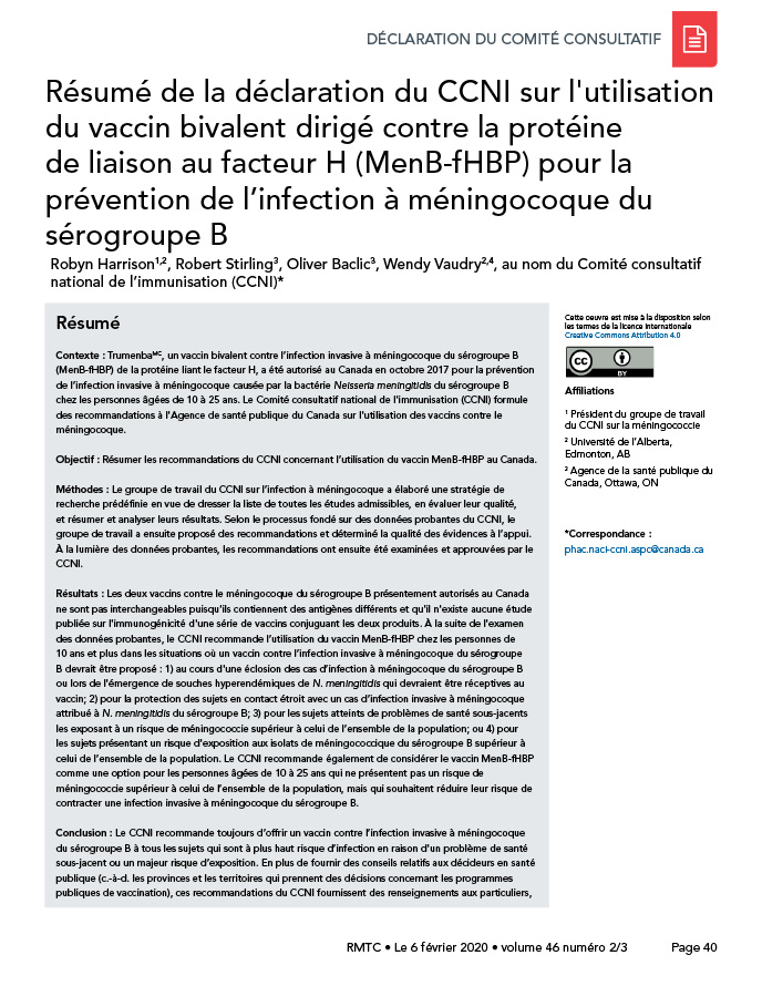 Résumé de la déclaration du CCNI sur l’utilisation du vaccin bivalent dirigé contre la protéine de liaison au facteur H (MenB-fHBP) pour la prévention de l’infection à méningocoque du sérogroupe B