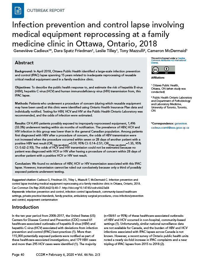 Infection prevention and control lapse involving medical equipment reprocessing at a family medicine clinic in Ottawa, Ontario, 2018