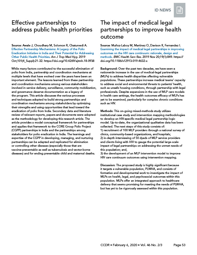 Effective partnerships to address public health priorities / The impact of medical legal partnerships to improve health outcome / 2019 novel coronavirus: Outbreak update