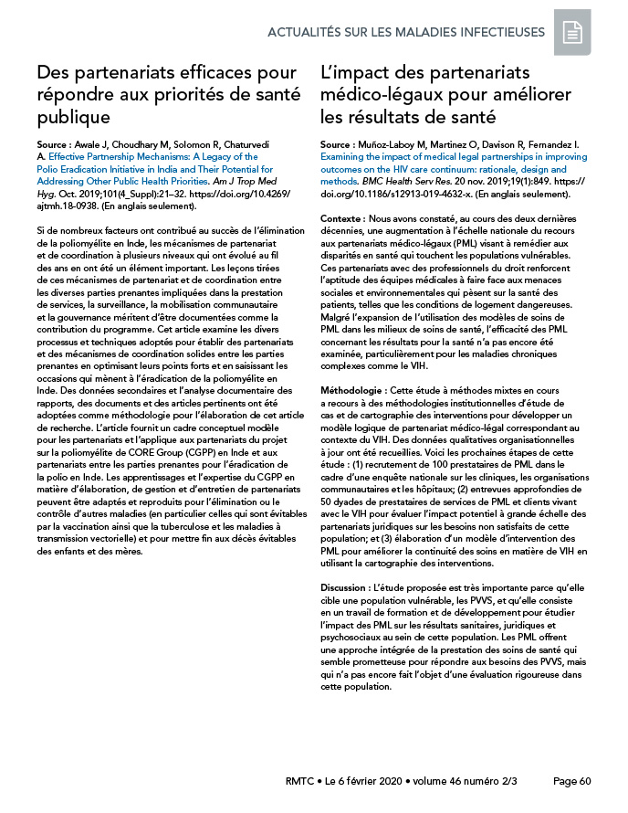 Des partenariats efficaces pour répondre aux priorités de santé publique / L’impact des partenariats médico-légaux pour améliorer les résultats de santé / Nouveau coronavirus de 2019 : Mise à jour sur l’éclosion