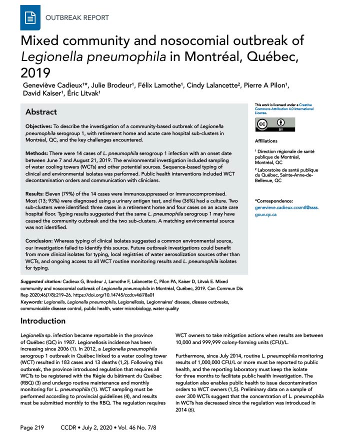 Mixed community and nosocomial outbreak of <em>Legionella pneumophila</em> in Montréal, Québec, 2019