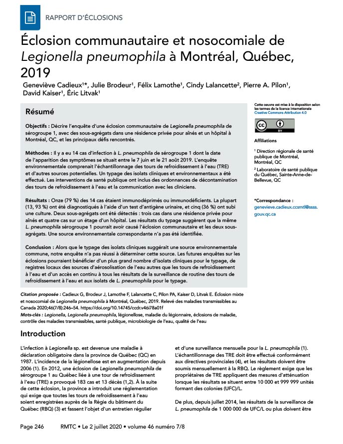 Éclosion communautaire et nosocomiale de Legionella pneumophila à Montréal, Québec, 2019