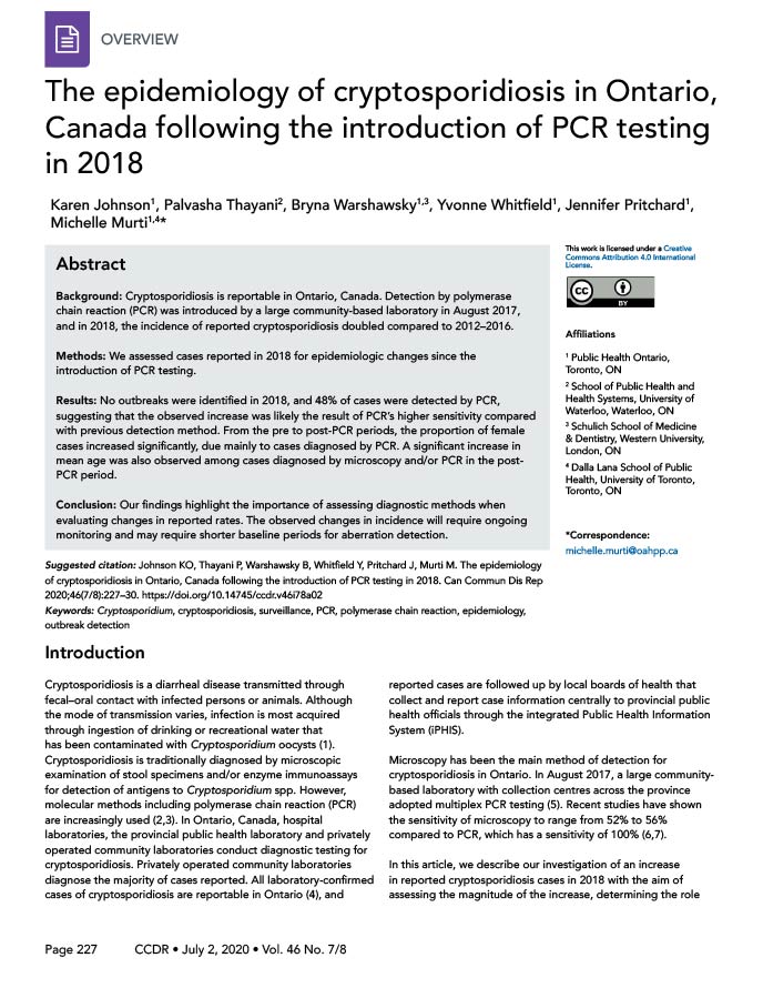 The epidemiology of cryptosporidiosis in Ontario, Canada following the introduction of PCR testing in 2018