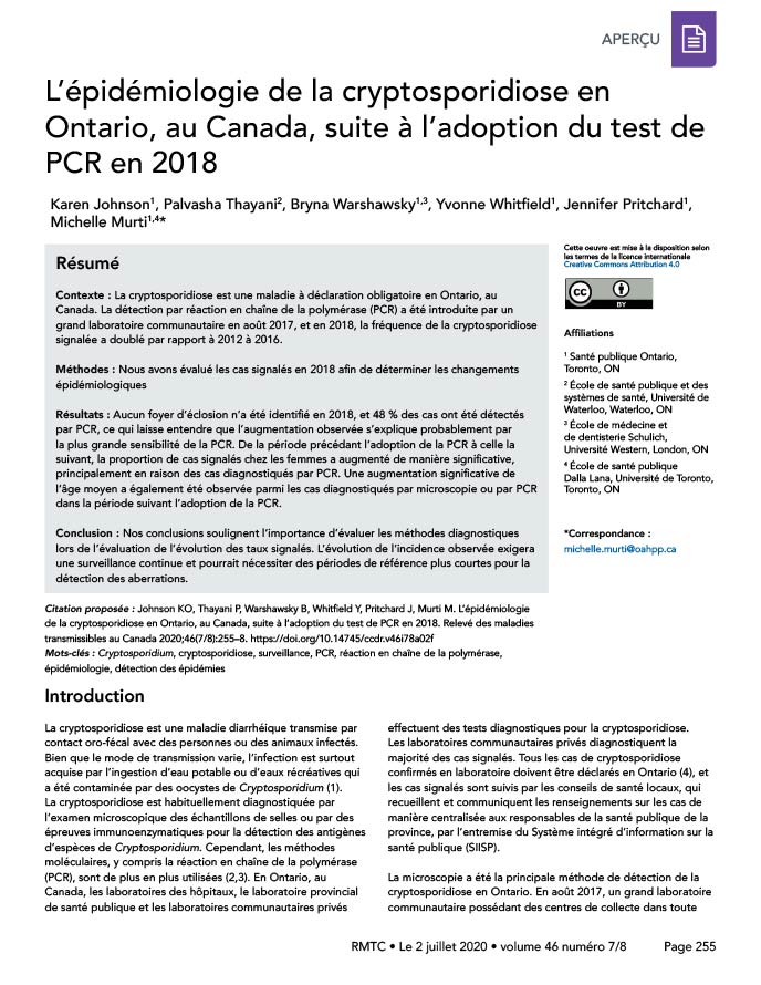 L’épidémiologie de la cryptosporidiose en Ontario, au Canada, suite à l’adoption du test de PCR en 2018