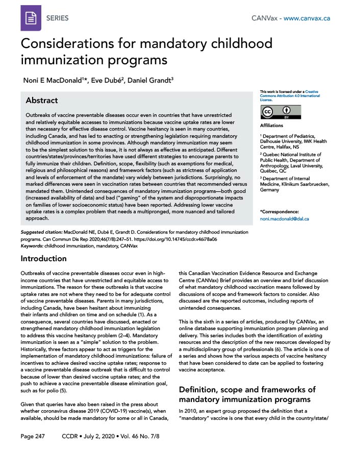 Considerations for mandatory childhood immunization programs
